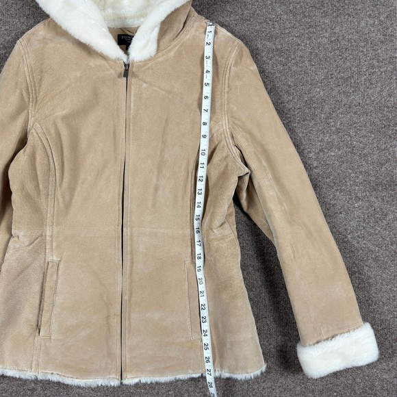 Vintage Beige Tan Suede Leather Hooded Faux Fur Lined Jacket Women’s M Retro Y2K - Picture 8 of 9